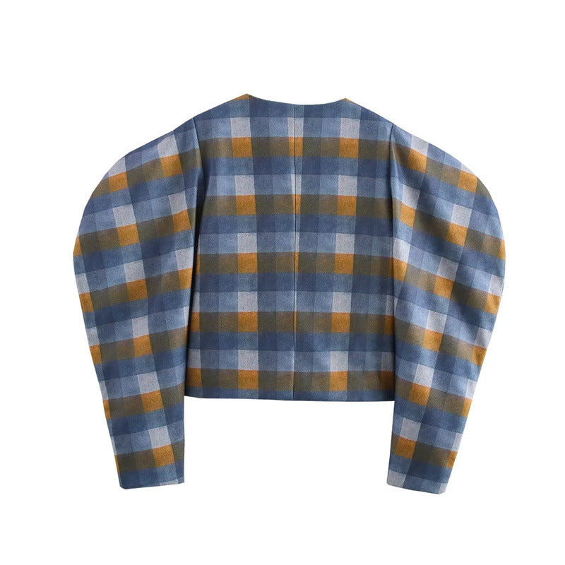 Color Matching Plaid Woolen Round Neck Double Breasted Jacket Short Coat