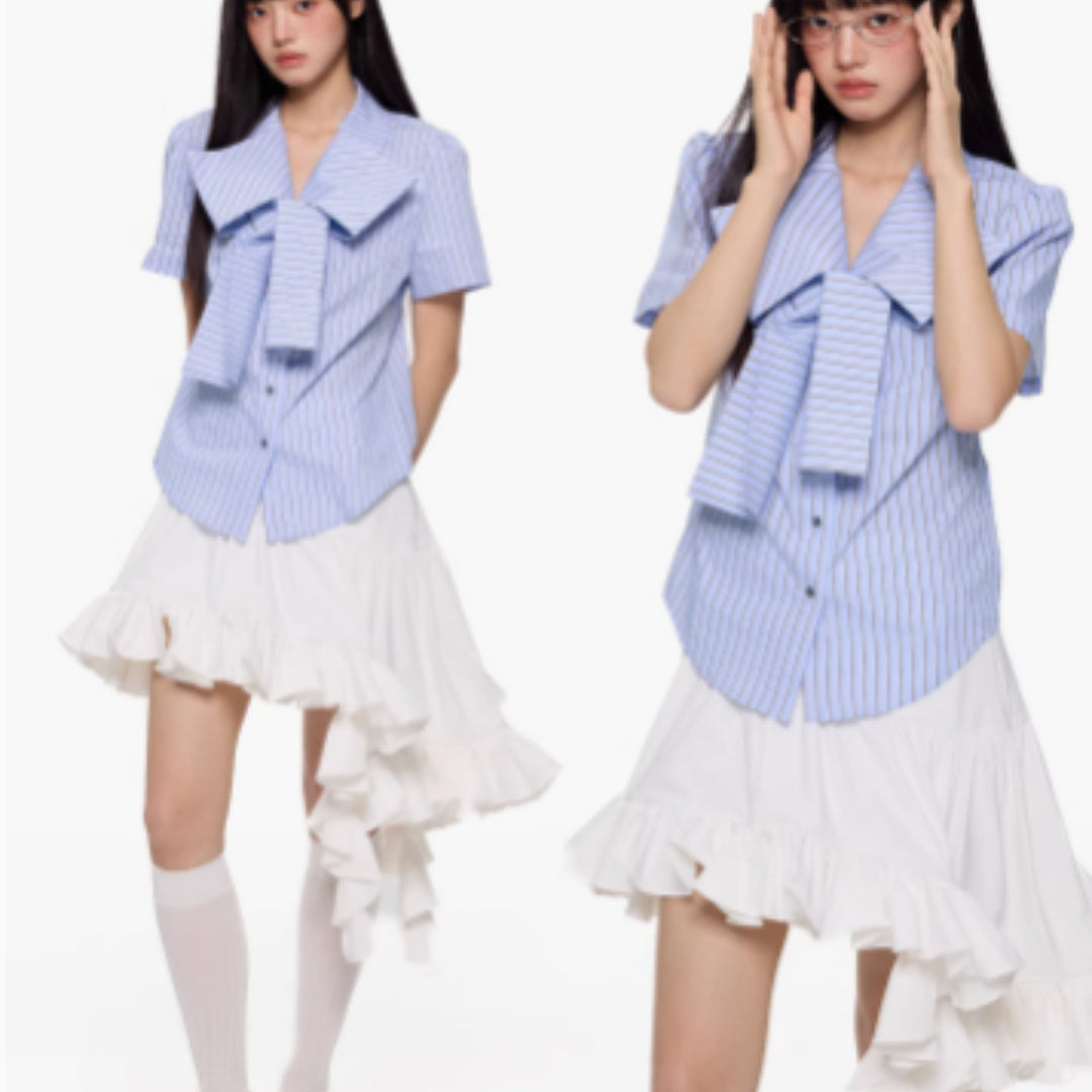 Short Sleeved Shirt Women's Bow Hot Stamping Diamond