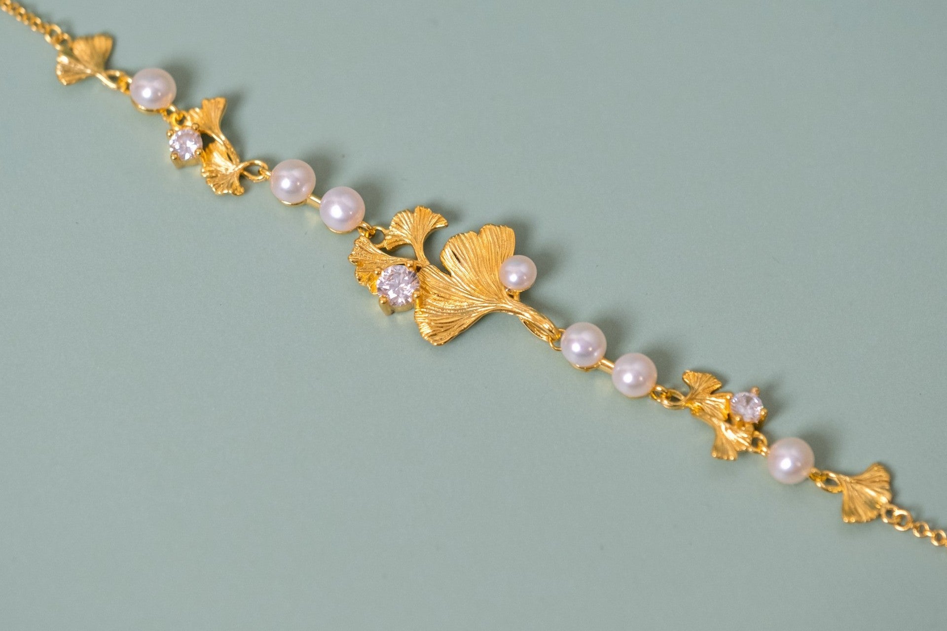 S925 Silver Plated Rhinestone Pearl Ginkgo Bracelet