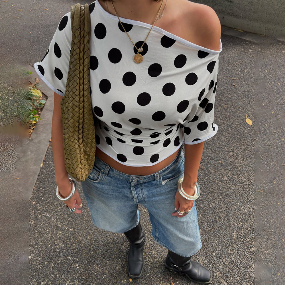 Women's Polka Dot Top Elegant Slant Shoulder