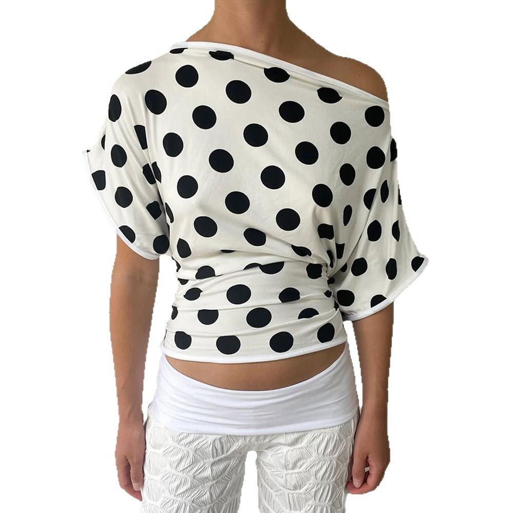 Women's Polka Dot Top Elegant Slant Shoulder