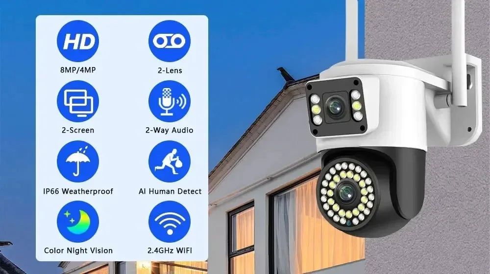 4K 8MP Camera Yoosee PTZ WIFI Cameras Dual Lens Two-Way Audio Auto Tracking Outdoor Security Surveillance IP Camera Wireless P2P