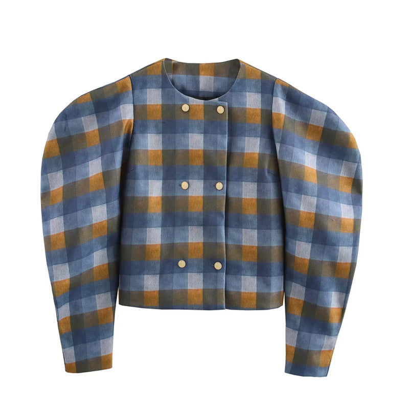 Color Matching Plaid Woolen Round Neck Double Breasted Jacket Short Coat